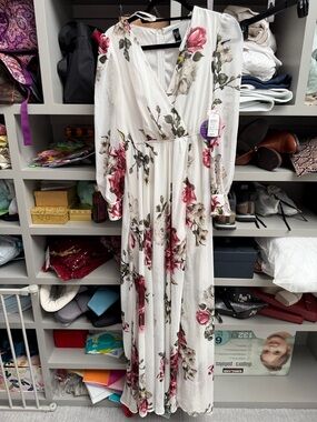 Floral V-Neck Long Sleeve Maxi Dress - White with Pink Roses - NO belt included